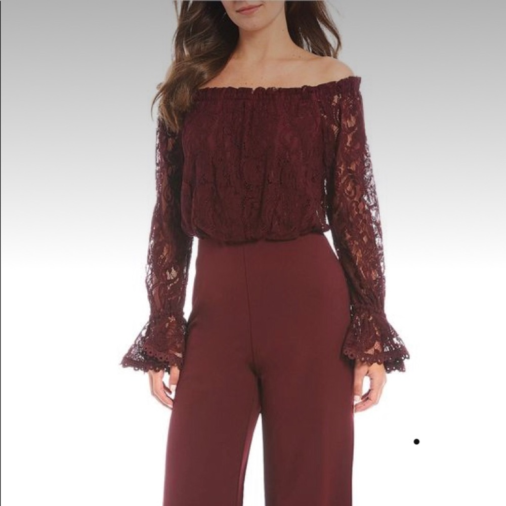 Adrianna Papell lace bodice off shoulder jump suit